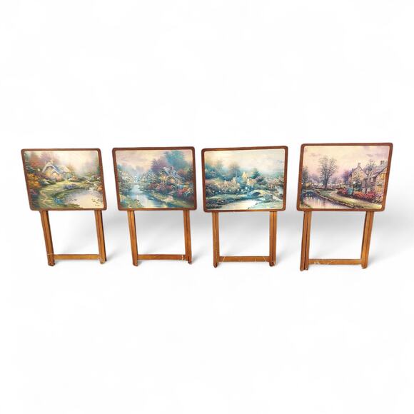 Vintage Thomas Kinkade Wooden TV Trays Tables Set Lot of 4 Folding Snack Trays - Picture 1 of 8